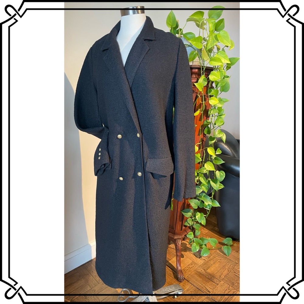 Women's Black Double-Breasted Boiled Wool Boucle Maxi Coat